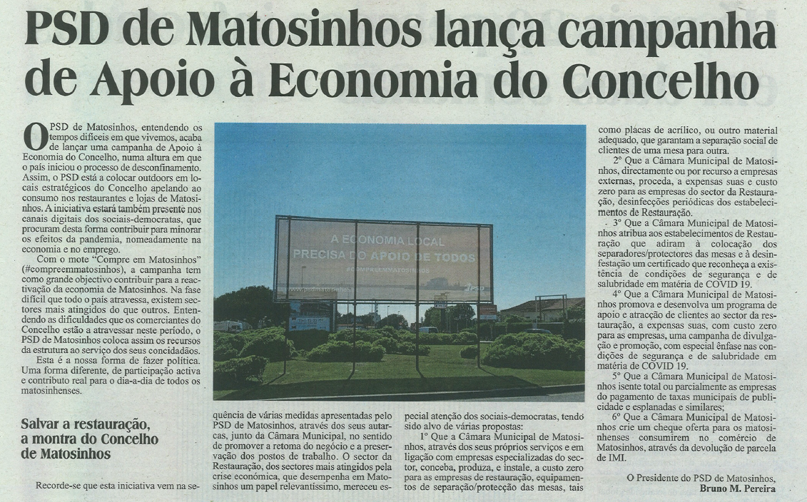 JM: PSD de Matosinhos lança campanha de Apoio à Economia do Conselho